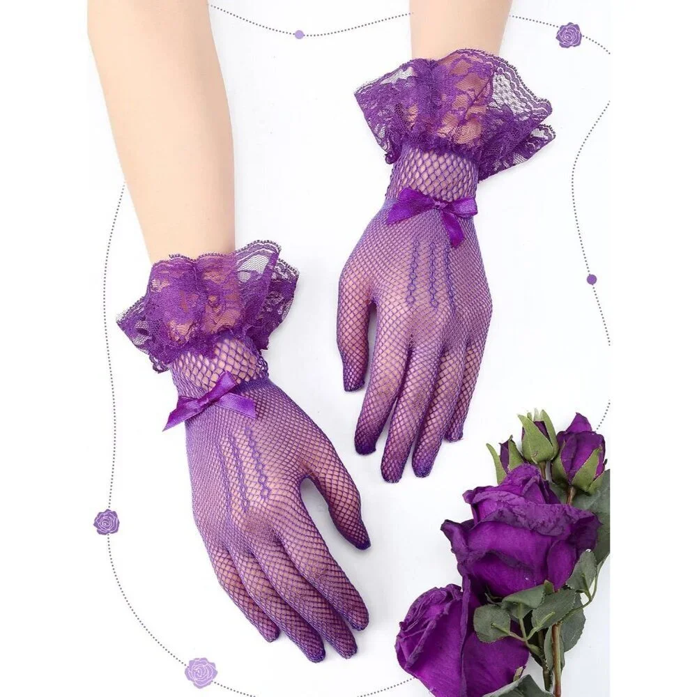 Women's Elegant Purple Short Bow Style Lace Gloves Dinner Wedding Party Tea Prom
